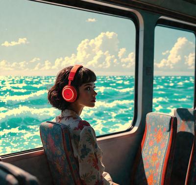 The primary subject of the image is a woman wearing headphones, sitting on a bus. She is looking out the window, enjoying the view of the ocean. The setting is a bus, and the visual style is a combination of photo and digital art. The colors and mood of the image are serene and calming, with the blue ocean and the woman's focused gaze creating a peaceful atmosphere.